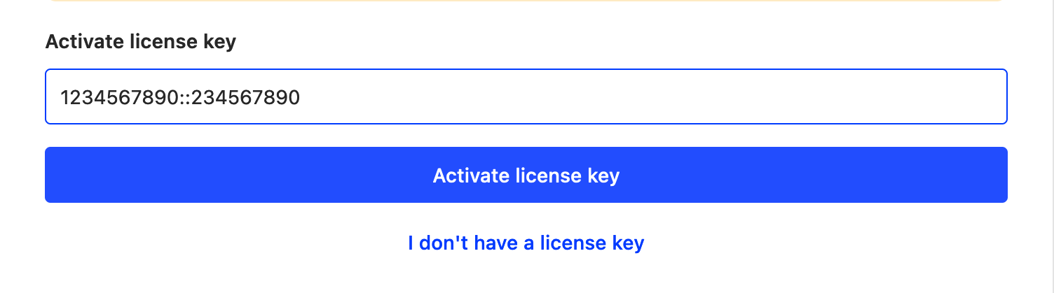 Self hosted license key activation input