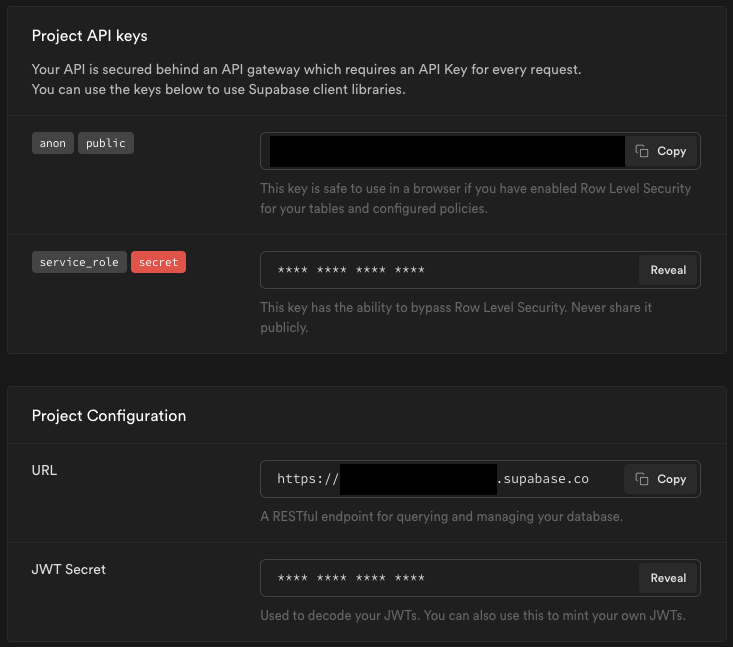 Supabase Project API keys and Project Configuration